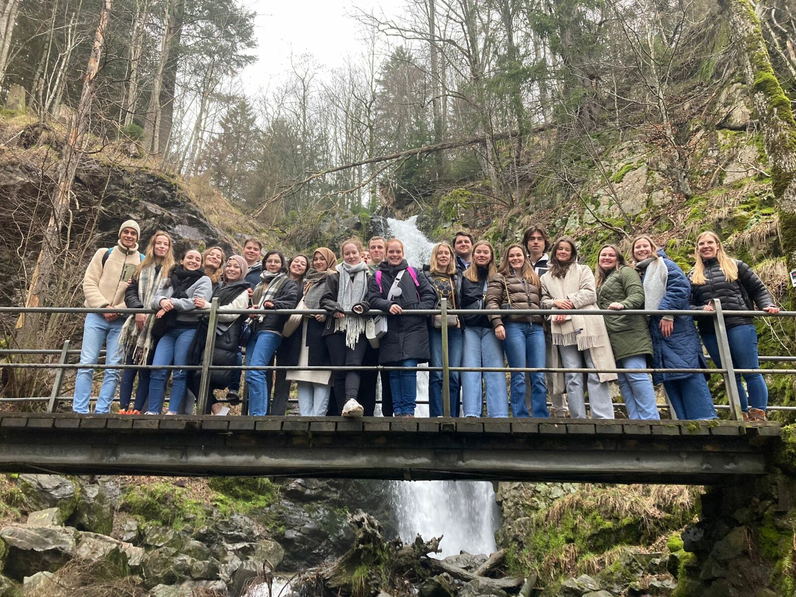 Eine Studierendengruppe steht auf einer Brücke, im Hintergrund sind die Triberger Wasserfälle zu sehen.